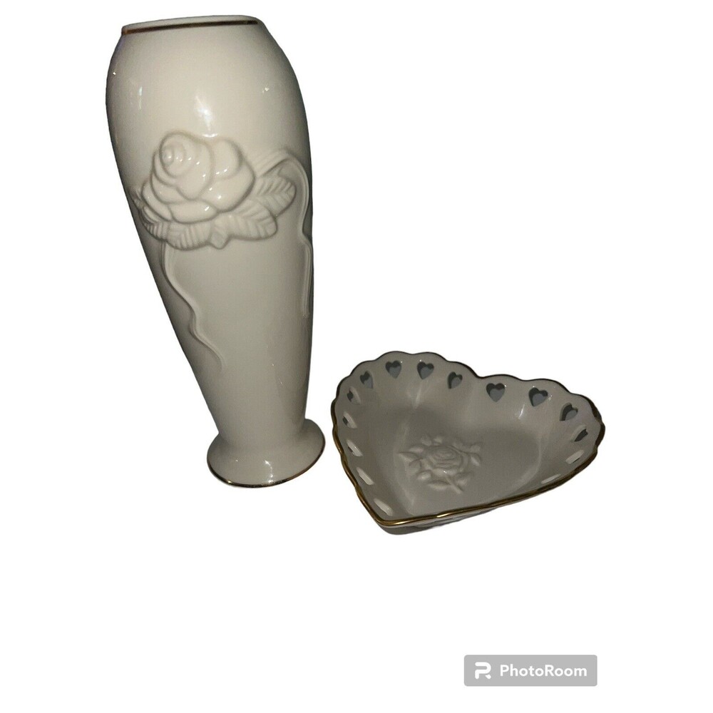 Lenox Embossed Rose Cream Vase Heart Bowl Set Gold Trim Vintage